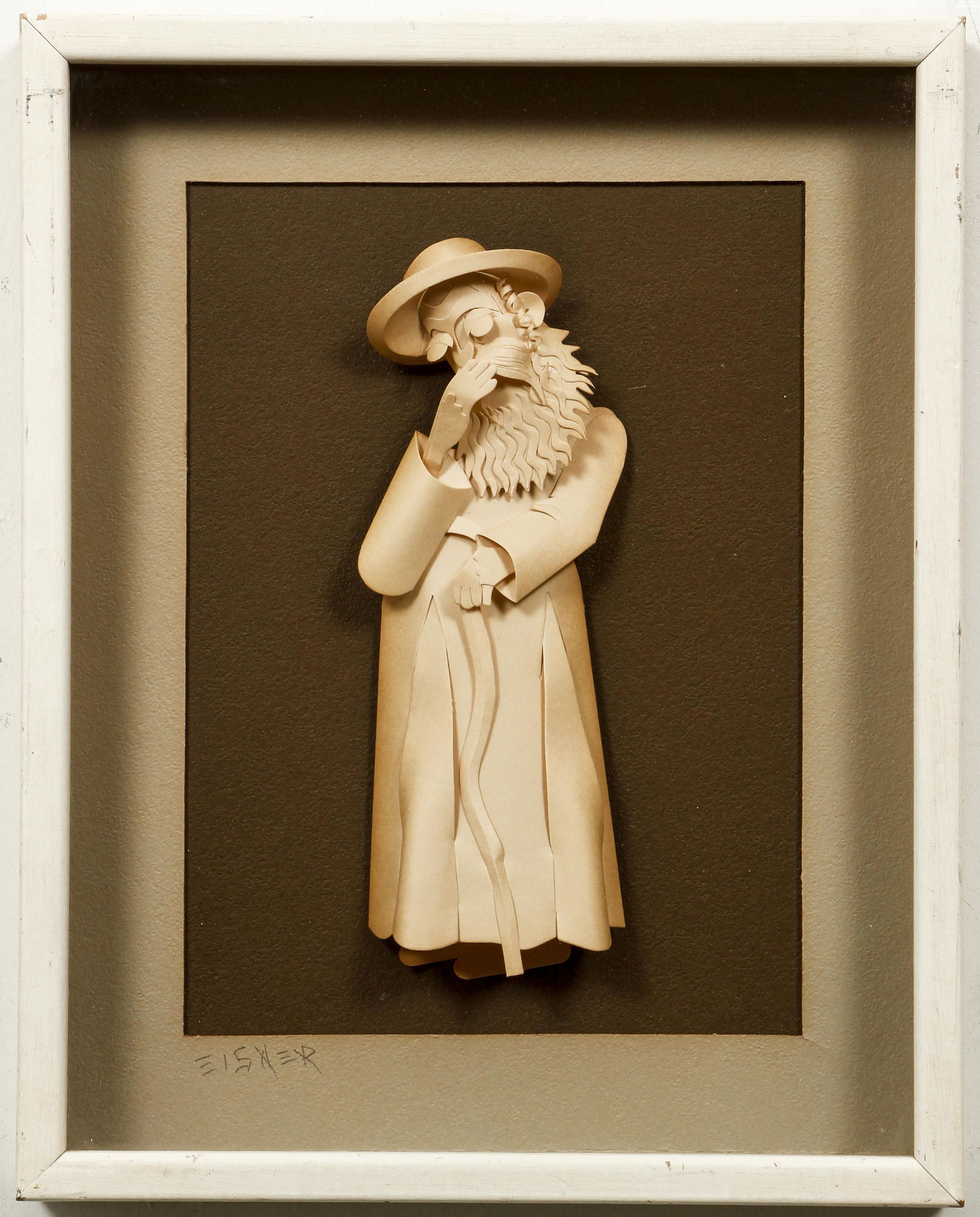 Jack Eisner Paper Sculpture of a Rabbi in Shadowbox (1 of 4)