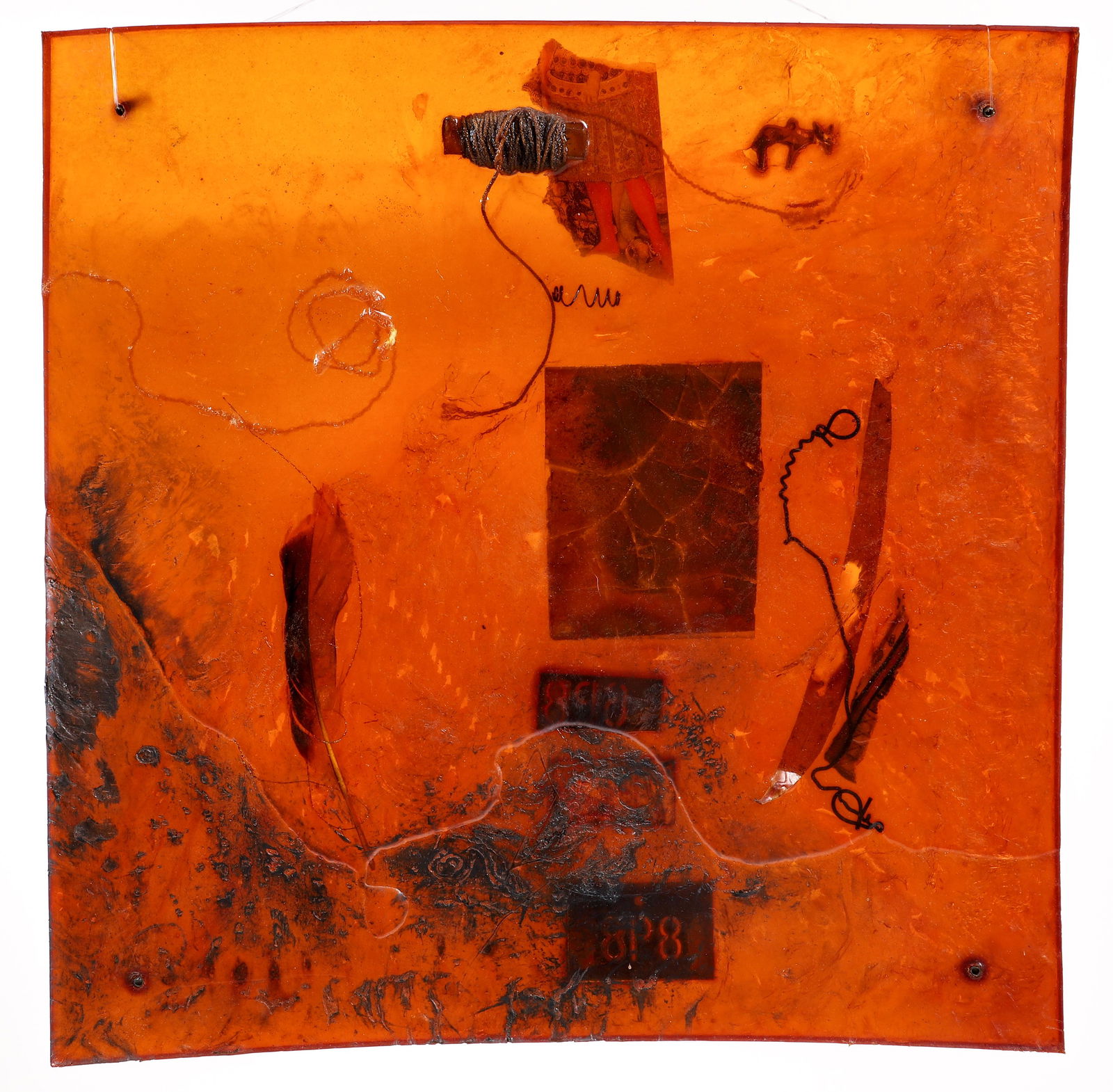 Adrienne Heinrich cast silicone collage Abstraction: Heinrich, Adrienne (Contemporary American), Untitled Abstraction, cast silicone collage with found objects, 12.75 x 12.75 x .5 inches.