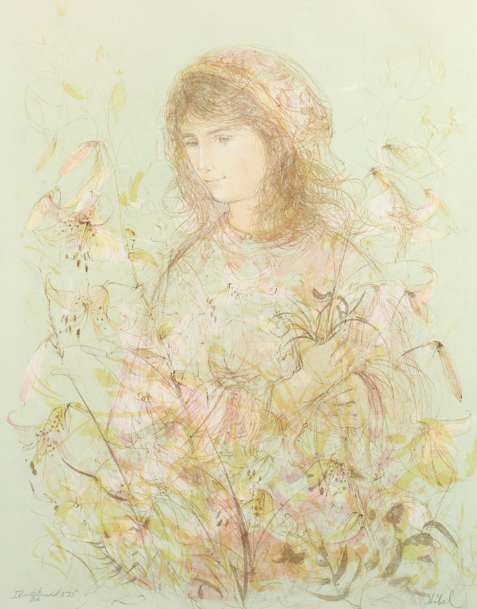 Edna Hibel Signed Lithograph Girl with Lilies (1 of 6)