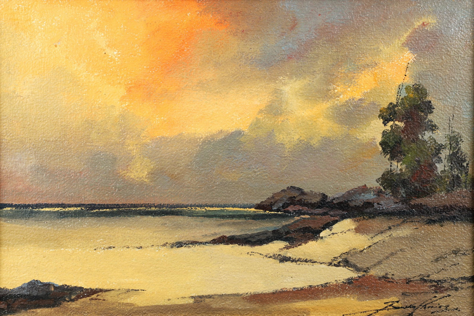 Attr. To Johann Koenig abstracted California Landscape: Koenig, Attributed to Johann (American, 20th Century), California Coastal Landscape, circa 1970, oil on burlap canvas, 16 x 24 inches, signed indistinctly lower right, framed measuring 19 x 26.25 inch