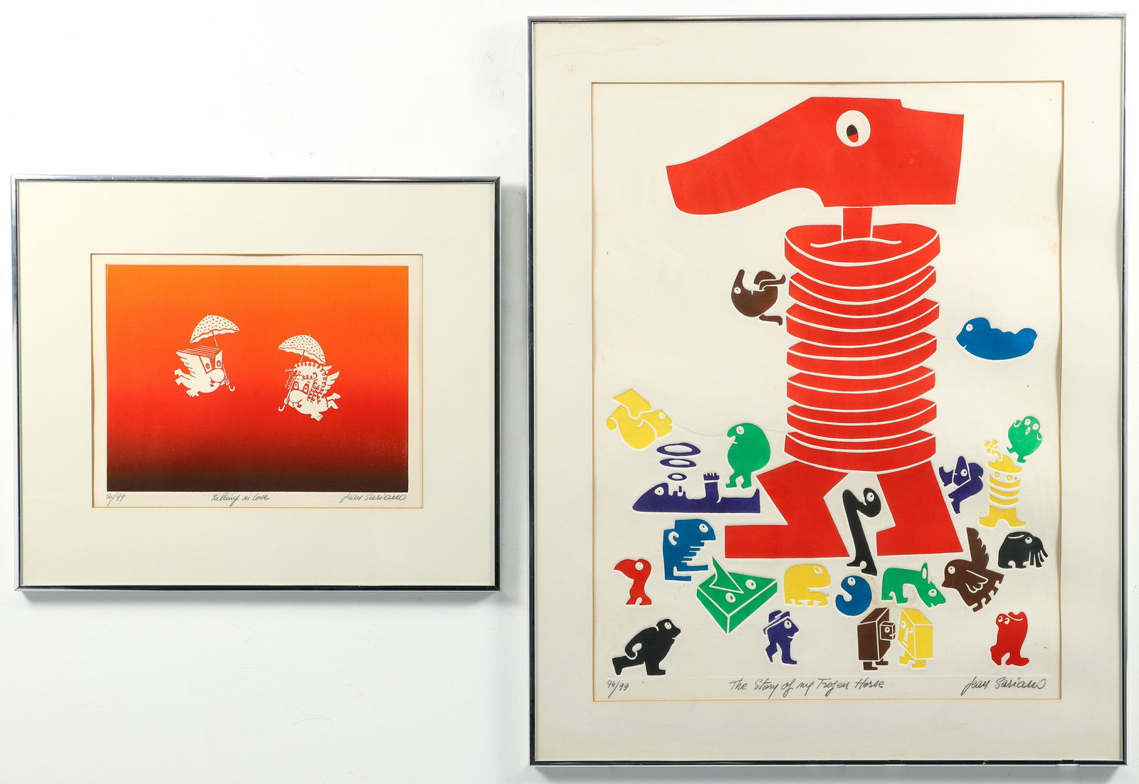 Jean Sariano Pair of Signed Color Etchings Trojan and Falling (1 of 9)