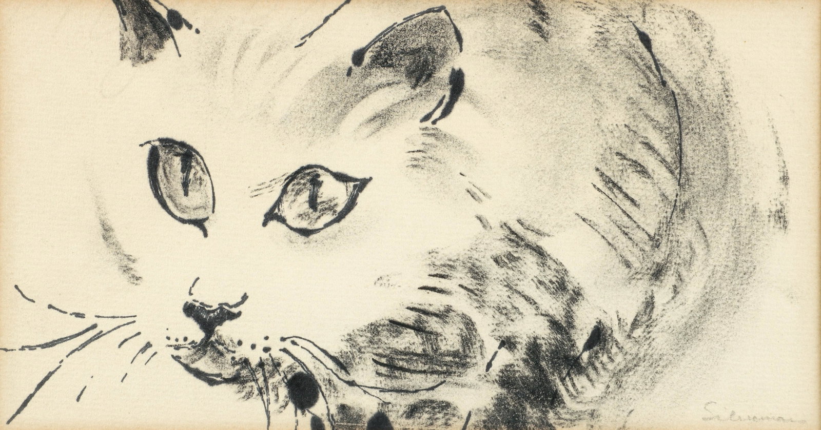 Howard Silverman drawing Cat: Silverman, Howard A. (American, born 1919), Cat, ink and wash drawing, 4.25 x 8 inches, signed in pencil, framed measuring 9 x 12.5 inches.