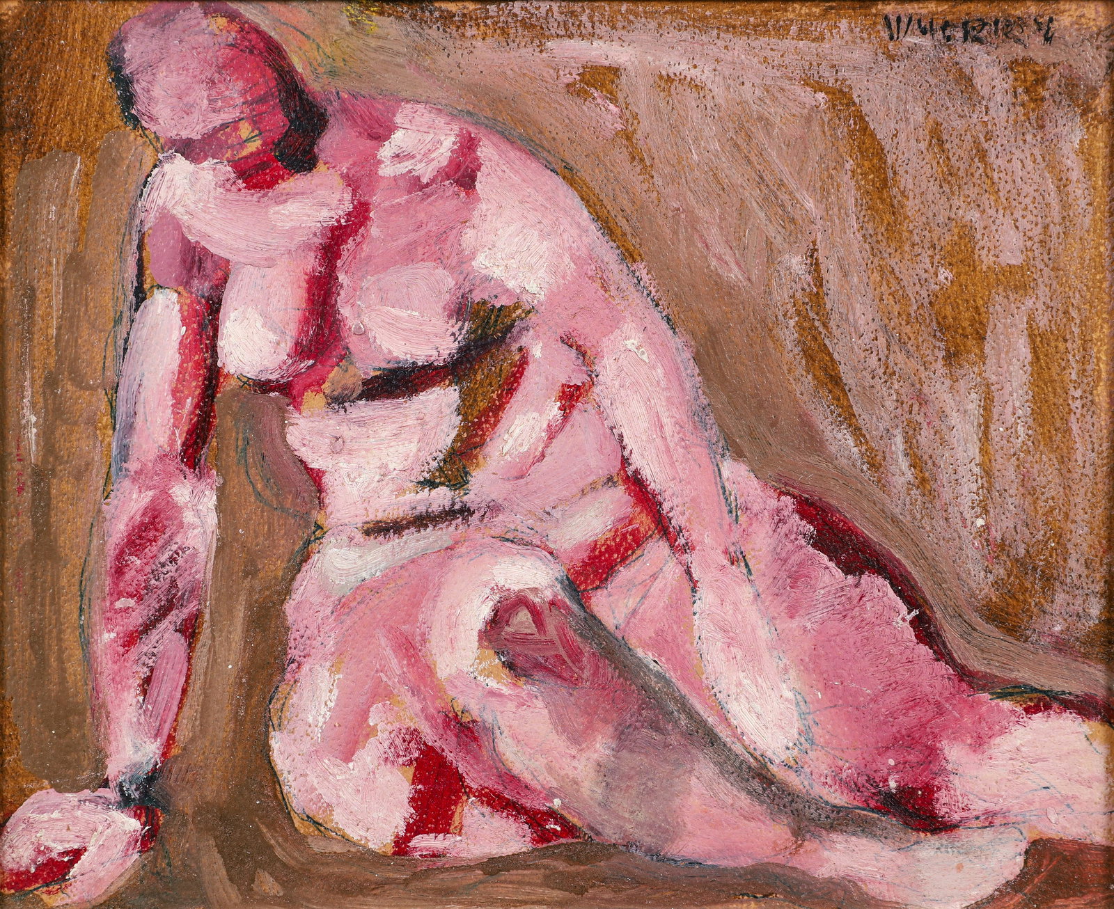 Paul Wherry Reclining Nude Acrylic Ptg: Wherry, Paul (American/Pittsburgh, d.1982), Reclining Nude, 1970s, acrylic on board, signed upper right, 8 x 10 inches, in the artist's painted white wood frame 13.75 x 15.5 inches. Wherry graduated f