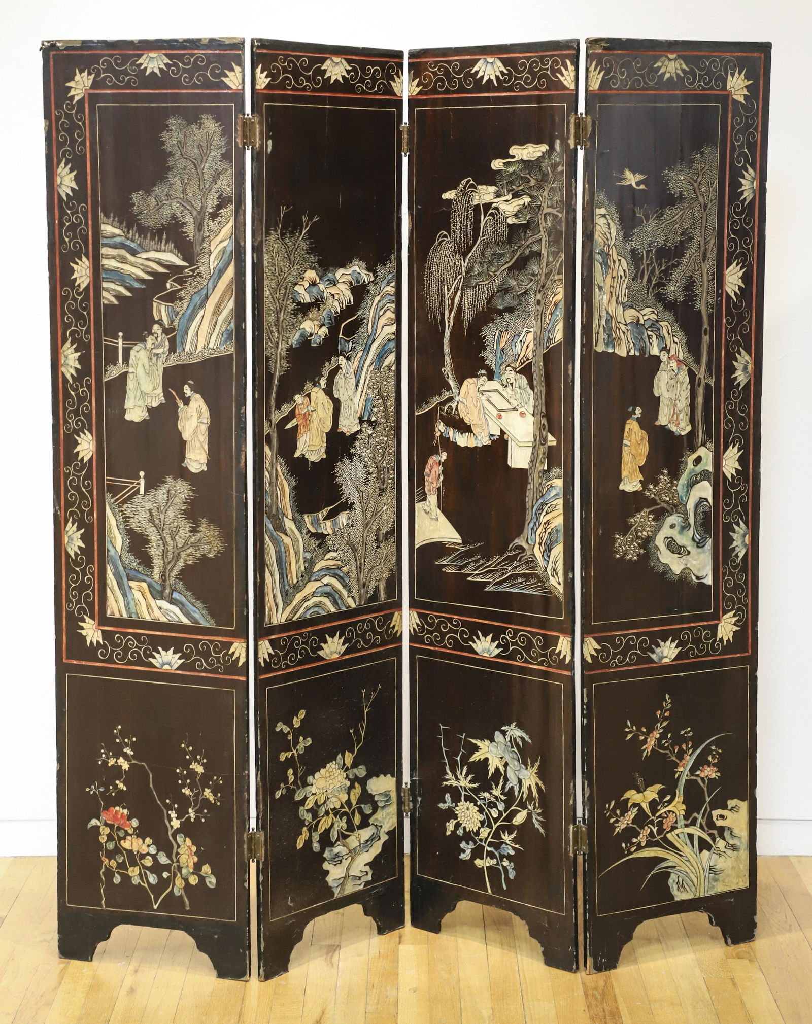 Four Panel Black Lacquer Oriental Screen (1 of 3)