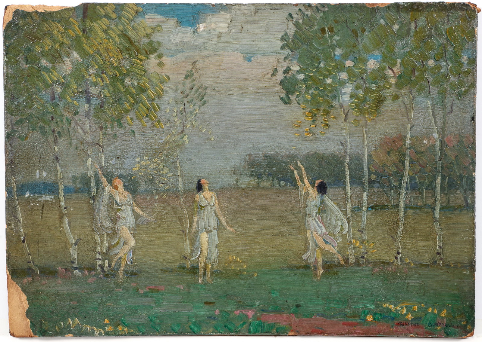 Blendon Campbell Three Nymphs Dancing Oil Ptg: Campbell, Blendon (American, 1872-1969), Three Nymphs in Blue Dancing, undated, oil on board, signed lower right, 10 x 14 inches, unframed. Provenance: Harry Eichleay Art Co., Pittsburgh.