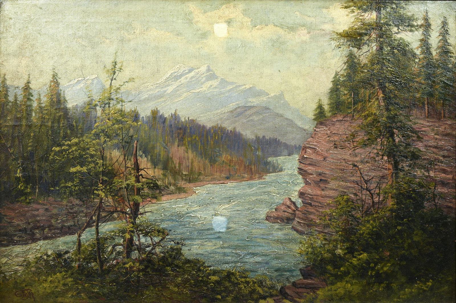 Calvin Fryer Saskatchewan River Oil on Canvas: Fryer, Calvin Wilberforce (American, 1867-1941), North Fork Saskatchewan River, circa 1930s, oil on canvas, signed lower left, 21 x 31 inches, in a carved and gilded arts and crafts period frame 26 x