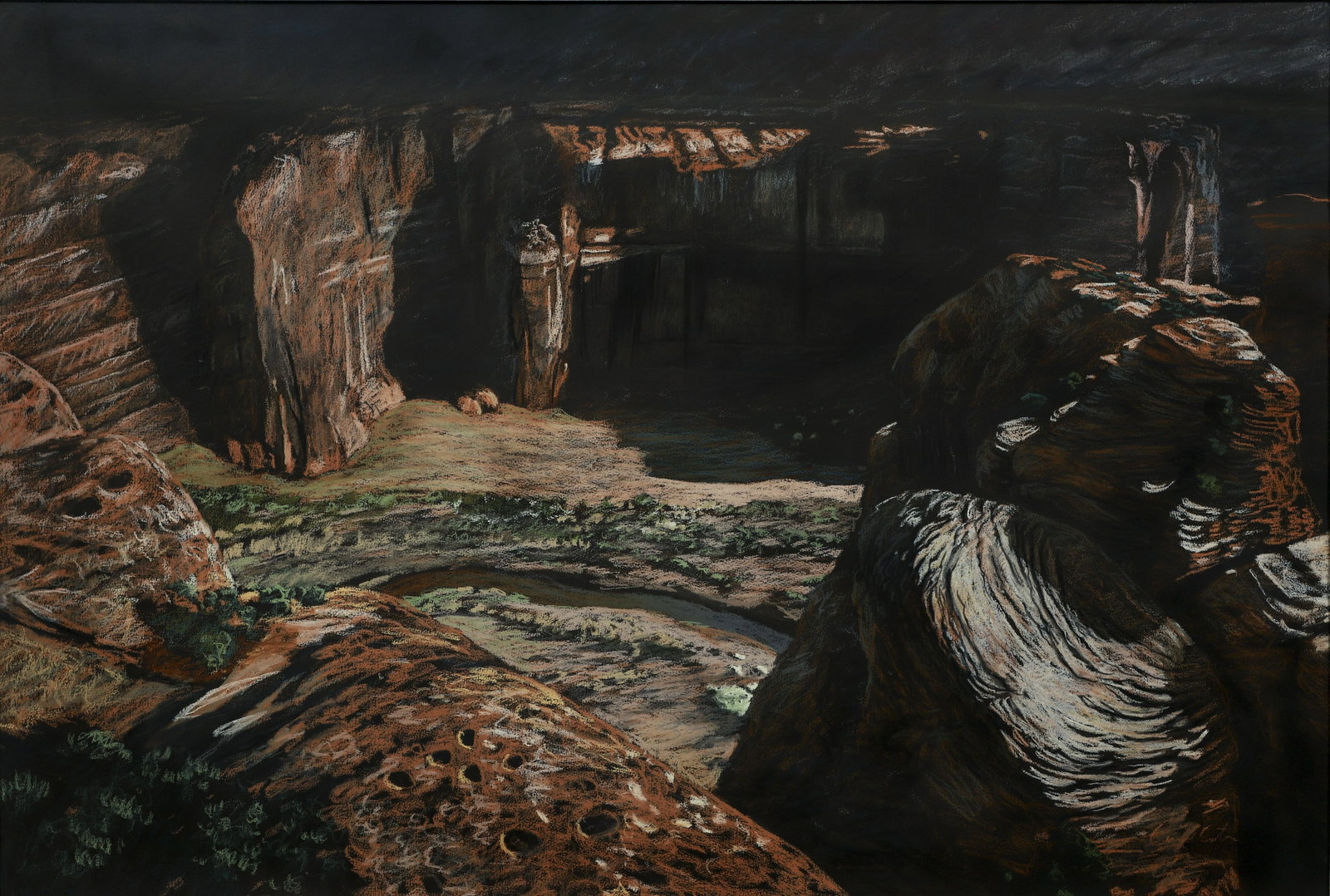Contemporary Pastel Painting of Canyon: 20th century American School, Canyon Scene, contemporary, pastel on paper, apparently unsigned, 29 x 43 inches, matted and framed 39 x 53 inches.