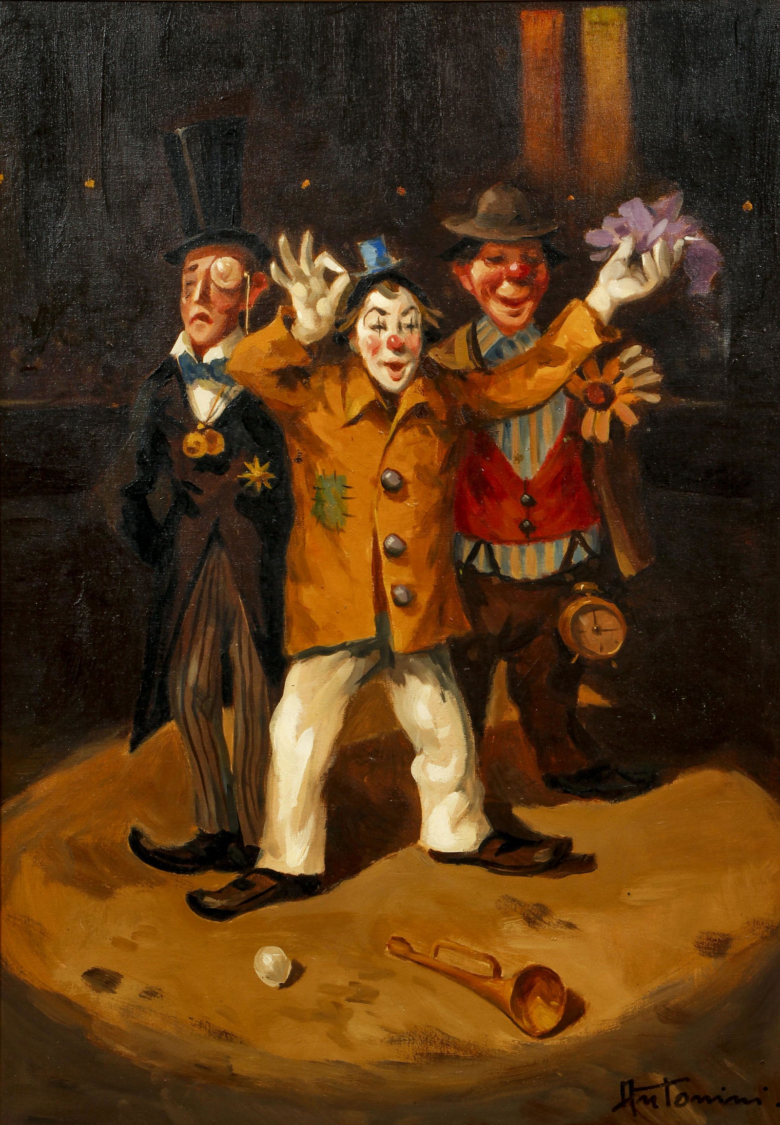 Antonini mid 20th Century oil 3 Clowns Centerstage: Antonini, (mid 20th Century European School, likely French or Italian), Three Clowns Centerstage, oil on canvas, 27 x 19 inches, signed lower right, framed with a period 1950's frame measuring 33 x 24