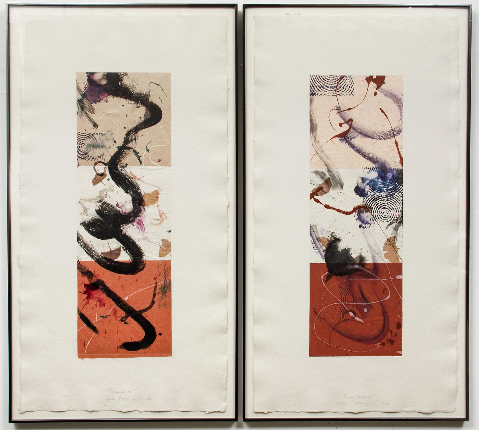 Pair Jackie Battenfield 1994 monoprints: Battenfield, Jackie (Contemporary American, born 1950), Lunar Trances 11, 1994 and Torrent 9, 1994, color monoprints on hand made paper with leaves ink and mixed media, 42 x 22 inches each, pencil sig