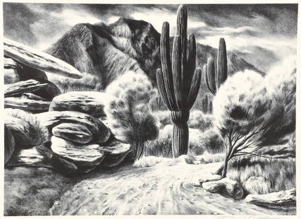 Federico Castellon Road in Arizona Lithograph 1941: Castellon, Federico (American, 1914-1971), Road in Arizona, 1941, lithograph, signed in pencil to the bottom right, image 9.75 x 13.5 inches, mat 14 x 18 inches, unframed. Published by Associated