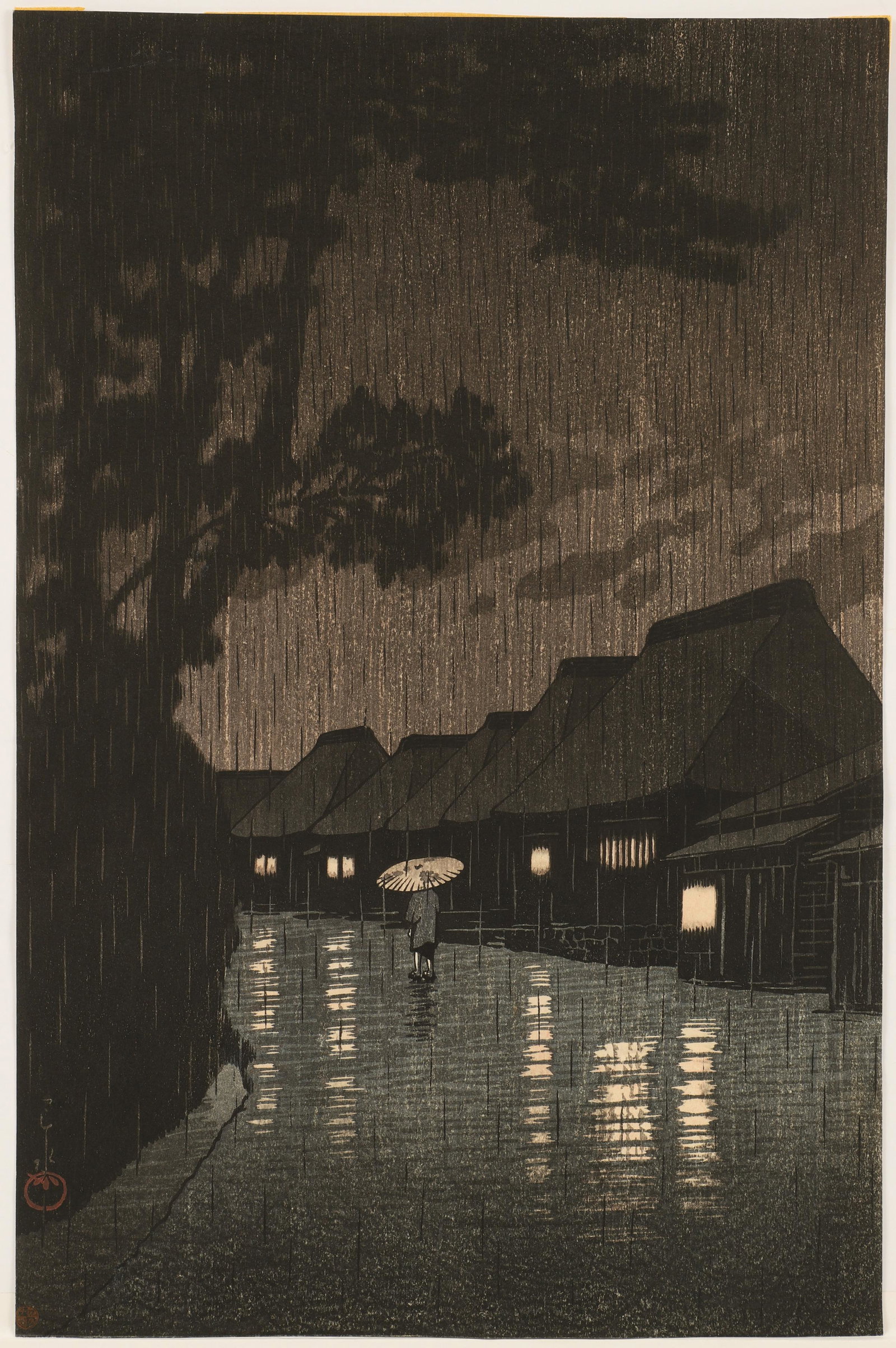 Kawase Hasui Night Rains at Maekawa Woodblock: Hasui, Kawase (Japanese, 1883-1957), Night Rains at Maekawa, woodblock print, stamped and signed to the bottom left, full sheet 14 x 9.25 inches, unframed.