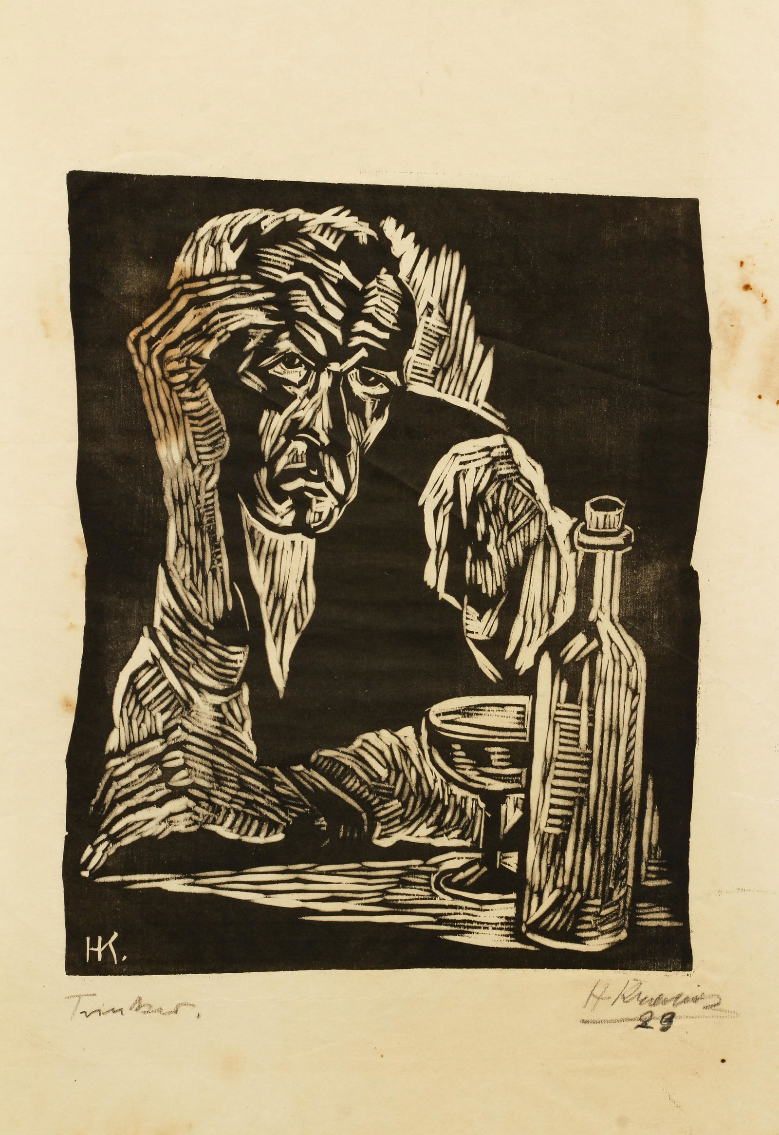 Hanns Kralik Expressionist Drinker Signed Woodcut 1928 (1 of 5)