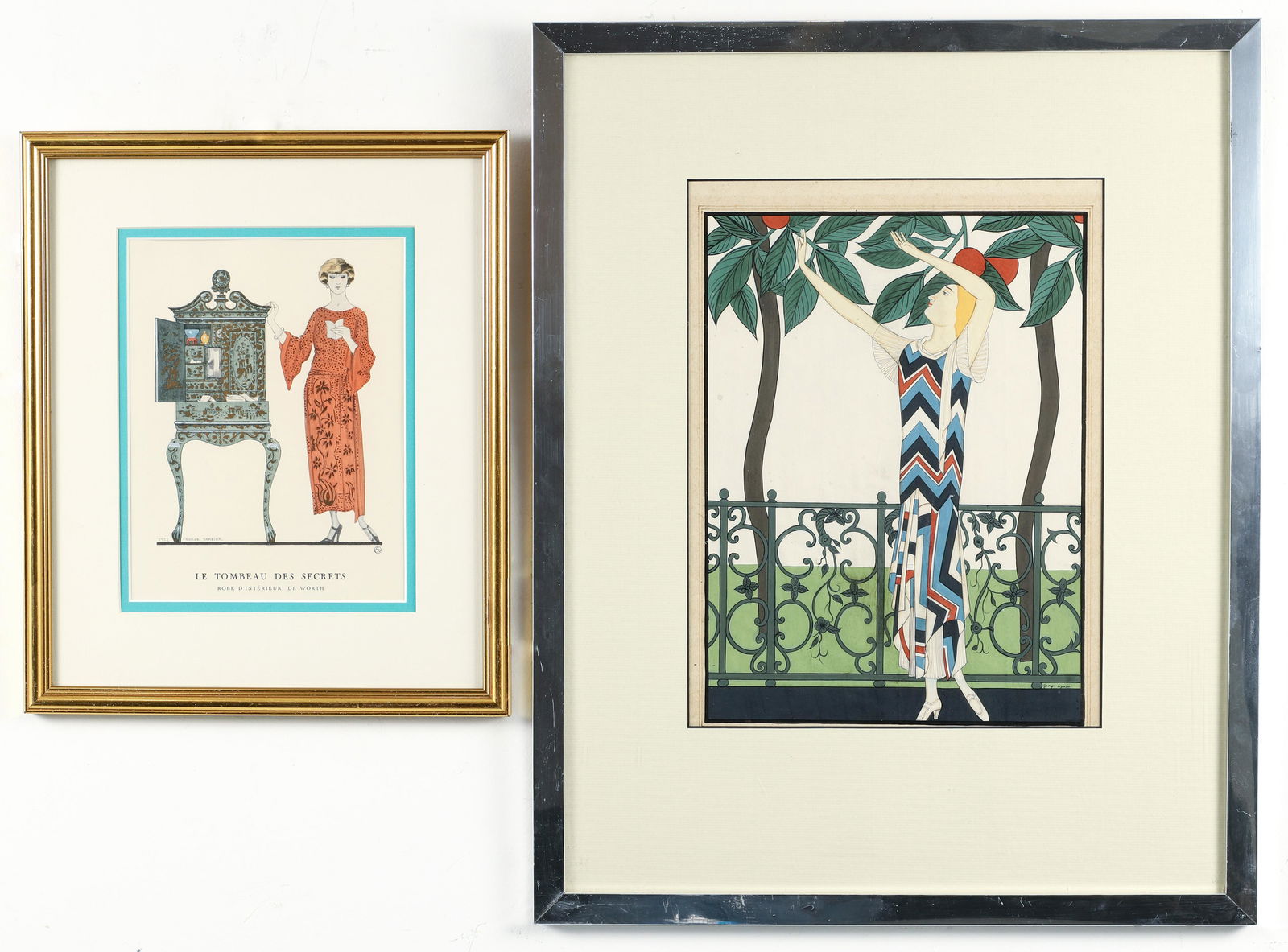 Georges Lepape George Barbier Pair Fashion Prints: Lepape, Georges (French, 1887-1971), Pochoir Fashion Print Depicting a Young Woman Picking Fruit, image 12 x 9.5 inches, frame 20.25 x 16.25 inches; George Barbier (French 1882-1932), Le Tombeau des S