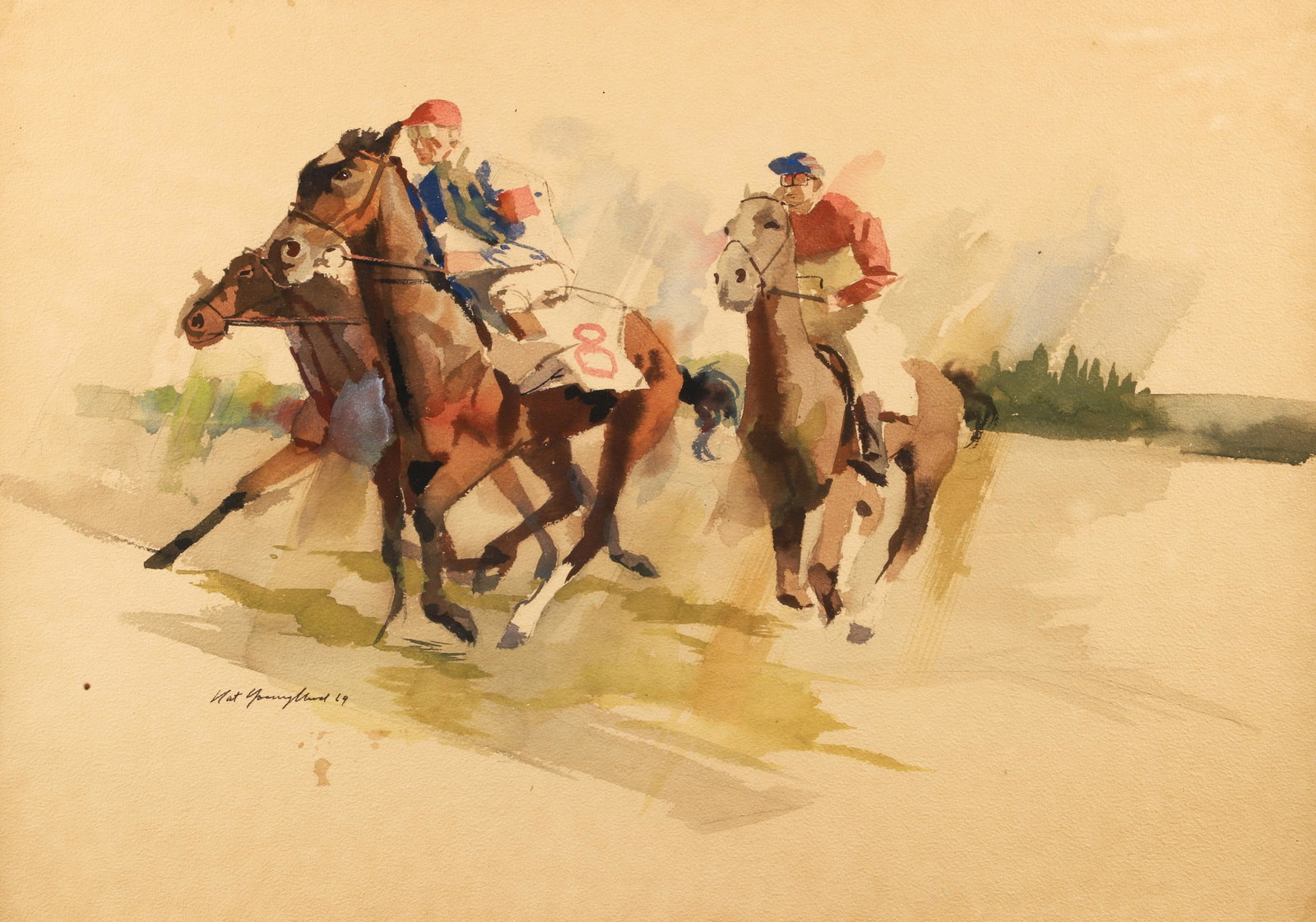 Nat Youngblood 1969 watercolor Horse Racing Action Scene: Youngblood, Nat H. (American/Western PA, 1916-2009), Horse Racing Action Scene, 1969, watercolor, 14 x 20 inches, signed and dated lower left, framed measuring 19 x 25 inches.