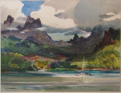 Robert Wood watercolor Tropical landscape: Artist: Wood, Robert Earle (American, 1926-1999) Title: Tropical Coastal Landscape Medium: watercolor Dimensions: 10.5 x 13.5 inches (sight) Signature: Signed lower right Robert E. Wood ANA AWS Fra
