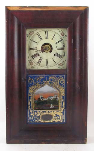 Chauncey Jerome Wood case mantel clock with reverse: Artist: Chauncey Jerome Title: Wood case mantel clock with reverse glass painted front panel Medium: wood with glass door Dimensions: 26 x 15.5 x 4 inches Description: simple mahogany veneered mantel 