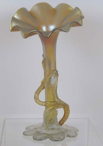 Loetz style Iridescent Glass Vase with Petal Foot: Title: Loetz style Iridescent Glass Vase with Petal Foot Medium: iridescent glass Dimensions: 16 x 8.75 x 8.75 inches Signature: apparently unsigned