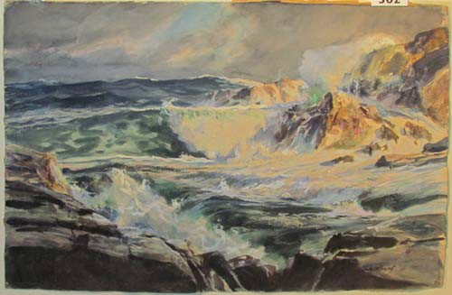 John Whorf watercolor of Crashing Waves and Rocks: Artist: Whorf, John (American 1903-1959) Title: Rolling from the East, no.11, Group 3 Date: n.d. Medium: watercolor with gouache highlights Dimensions: 22 x 30.5 inches Description: A class
