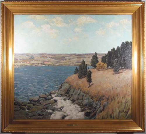 Ben Foster ptg. Mystic Along the Connecticut River: Artist: Foster, Benjamin (American 1852-1926) Title: Mystic Along the Connecticut River Medium: oil on canvas, relined Dimensions: 36 x 41 inches Signature: Signed Ben Foster lower right Frame Type