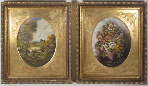 Pair of Otto Van Thoren oil paintings: Artist: Van Thoren, Otto (Austrian, 1828-1889) Title: Floral Still Life; Northern Italian Landscape Medium: oil on artists board Dimensions: 11.5 x 9 inches each (oval, sight) Signature: signed Van Th
