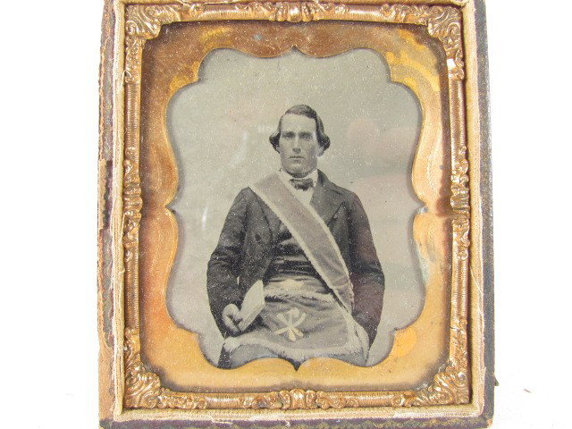 Group of Four Masonic Portrait Dag/Ambrotypes: Title: Group of four sixth plate hand colored masonic portrait 1 daguerreotype, 3 Ambrotype/Tintypes Medium: daguerreotype, ambrotype/tintype Dimensions: visible 2.75 x 2.25 inches Frame Type: brown l