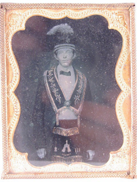 Three Men in Ceremonial Clothing Dag/Ambrotypes: Title: One half plate and one quarter plate hand painted ambrotypes of men in period clothing, one quarter plate daguerreotype man in uniform Medium: daguerreotype, ambrotype/tintype Dimensions: visib