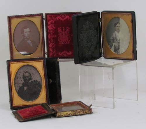 Group of Four Portraits, 2 Dags: Title: Two quarter plate daguerreotype portraits, two ambrotype portraits Medium: daguerreotype and ambrotype Dimensions: visible 3.5 x 2.75 inches Frame Type: brown leather, gutta percha and black le