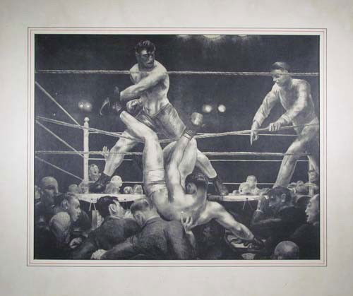 George Bellows lithograph of Dempsey and Firpo: Artist: Bellows, George (American 1882-1925) Title: Dempsey and Firpo Medium: lithograph Dimensions: 17.25 x 21.5 Description: signed Bellows in the stone along the left side on the ropes handsome lit