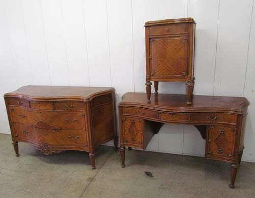 3 pc French Provincial style bedroom set: Title: 3 pc French Provincial style bedroom set including dresser, vanity, and bedside table with burled wood Medium: burled wood Dimensions: dresser: 34.75 x 55 x 24 inches; vanity/desk: 32 x 54 x 20