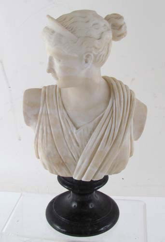 Italian White Parian marble bust of a woman: Title: Parian marble bust of a woman Date: 19th Century Medium: Parian marble, on variegated marble base Dimensions: 11.5 x 6 x 4 inches Description: small bust of a beautiful woman, classical Greek s