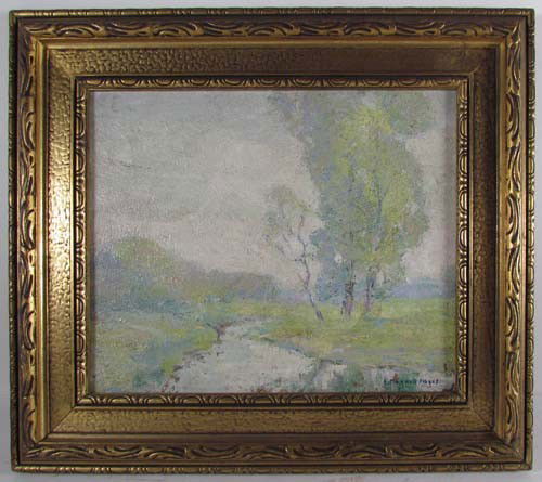 Ernest Albert, Jr. Tonalist landscape painting: Artist: Albert, E Maxwell (Bill), AKA Ernest Albert Jr. (American 1890-1955) Title: A Tonalist/Impressionist Landscape of a Country Road on a misty morning Medium: oil on board Dimensions: 8 x 10 inch