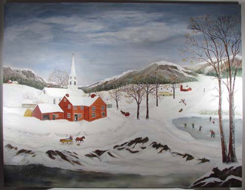 A C Armstrong naïve large ptg. Farm and Church in : Artist: attributed to Armstrong, Albert Carson (American 1893 - 1955) Title: Farm and Church in Snow Covered Village Medium: oil on wood board Dimensions: 43 x 59 inches Signature: signed lower left A