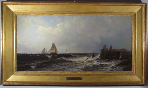 Alfred T. Bricher ptg, "Old Pier at Narragansett": Artist: Bricher, Alfred Thompson (American 1837-1908) Title: Pier at Narragansett Date: 1879 Medium: Oil on Canvas Dimensions: 18 x 36 inches Description: beautifully painted seascape of a pier