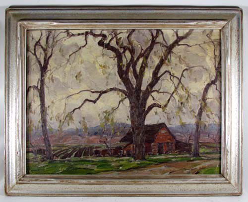 Frank Swift Chase oil on board landscape: Artist: Chase, Frank Swift (American 1886-?) Title: spring time landscape of farm and field, 20th century, with strong brush strokes Medium: oil on board Dimensions: 18 x 24 inches Signature: signed F
