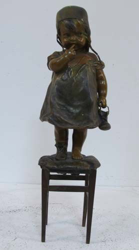 After Juan Clara Child Holding Shoe bronze: Artist: Clara, AFTER Juan (Spanish/American ,1875-1958) Title: Child Holding Shoe Medium: Polychromed spelter metal Dimensions: 13.5 inches tall Signature: Apparently unsigned Provenance: The E