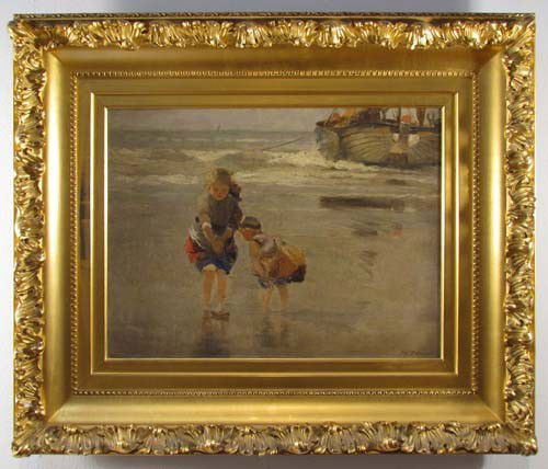 Charles Paul Gruppe Children Playing on the Beach: Artist: Gruppe, Charles Paul (American, 1860-1940) Title: Children Playing on the Beach Medium: Oil on canvas, relined Dimensions: 12.5 x 17.25 inches Signature: Signed lower right Chas. P. Gruppe, JJ