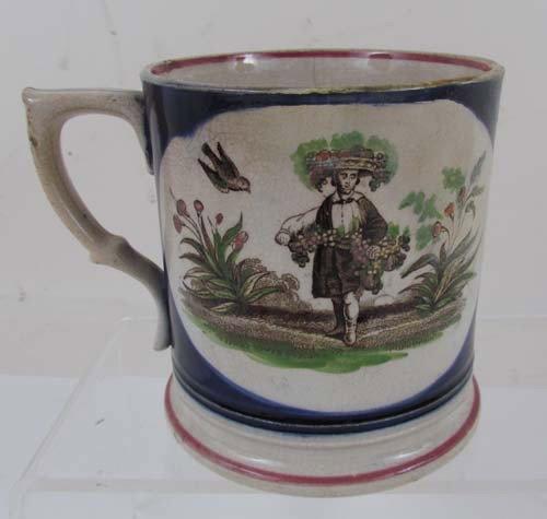 Staffordshire Pearlware Toad Mug: Title: Staffordshire Pearlware Toad Mug Medium: earthenware with pearl glaze Dimensions: 4.25 x 5.25 x 4 Description: Mug with fully molded toad on inside bottom. Transfer decoration of shepherd and s