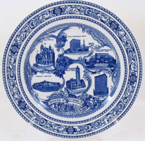 Flow blue collectors plate "Souvenir of Pittsburg,: Artist: Adams Est. 1657 England Title: Souvenir of Pittsburg, Pa. Date: late 19th Century or before 1907 Medium: glazed ceramic plate Dimensions: 11 inches in diameter