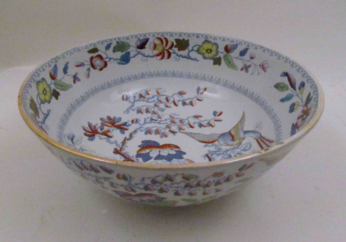 Large Masons Ironstone Asian Decorated Bowl: Artist: Mason's Ironstone China Title: Large Bowl with Asian Decoration Medium: ironstone china Dimensions: 6 x 14 x 14 inches Signature: stamped on underside Provenance: Marilyn Donnelly Colle