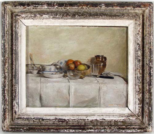 Miniature French Still Life painting: Title: Lovely still life of fruit with ceramics and knife on table Medium: oil on board Dimensions: 5.5 x 7 inches Signature: signed in lower right, illegible Provenance: Marcel Bernheim & Cie label o
