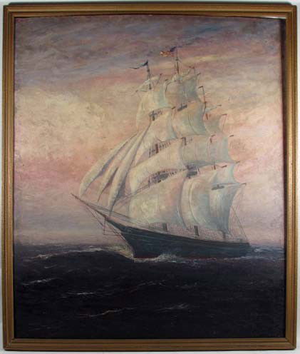 American Schooner on Calm Seas painting: Title: Schooner in full sail at dusk Medium: oil on board Dimensions: 30 x 26 inches Frame Type: gold painted wood Frame Size: 31.5 x 27.5 inches