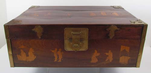 Chinese Inlaid decorated Wood chest: Title: Chinese Inlaid Wood chest with brass fittings and handles Medium: wood and brass Dimensions: 24.5 x 14.75 x 9 inches Description: chest with decorative brass hasp and corners, wood inlaid with 