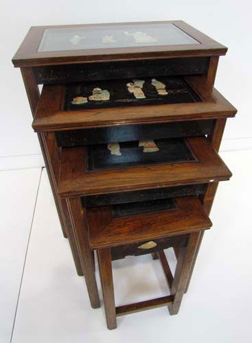 4 Nesting Tables with inlaid jade relief: Title: 4 nesting tables with an oriental motif, quartz and jade figures Medium: wood, jade Dimensions: tallest measures: 25.75 x 20 x 14 inches