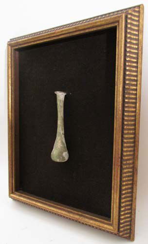 Roman Glass Vial: Title: Roman Glass Vial Medium: ancient glass Dimensions: 5 inches tall Frame Type: gold wood Frame Size: 14.5 x 11.25 inches