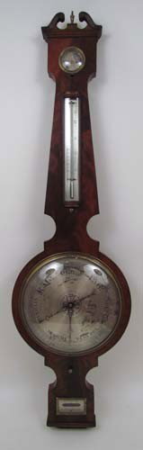 A Mathews Warranted Mahogany Barometer: Artist: Mathews Warranted Barometer Banjo style case, mahogany veneer Title: A Mahogany Barometer with Brass Bezel Includes silver face hydrometer, thermometer and weather dials. Medium: mahogany, gla