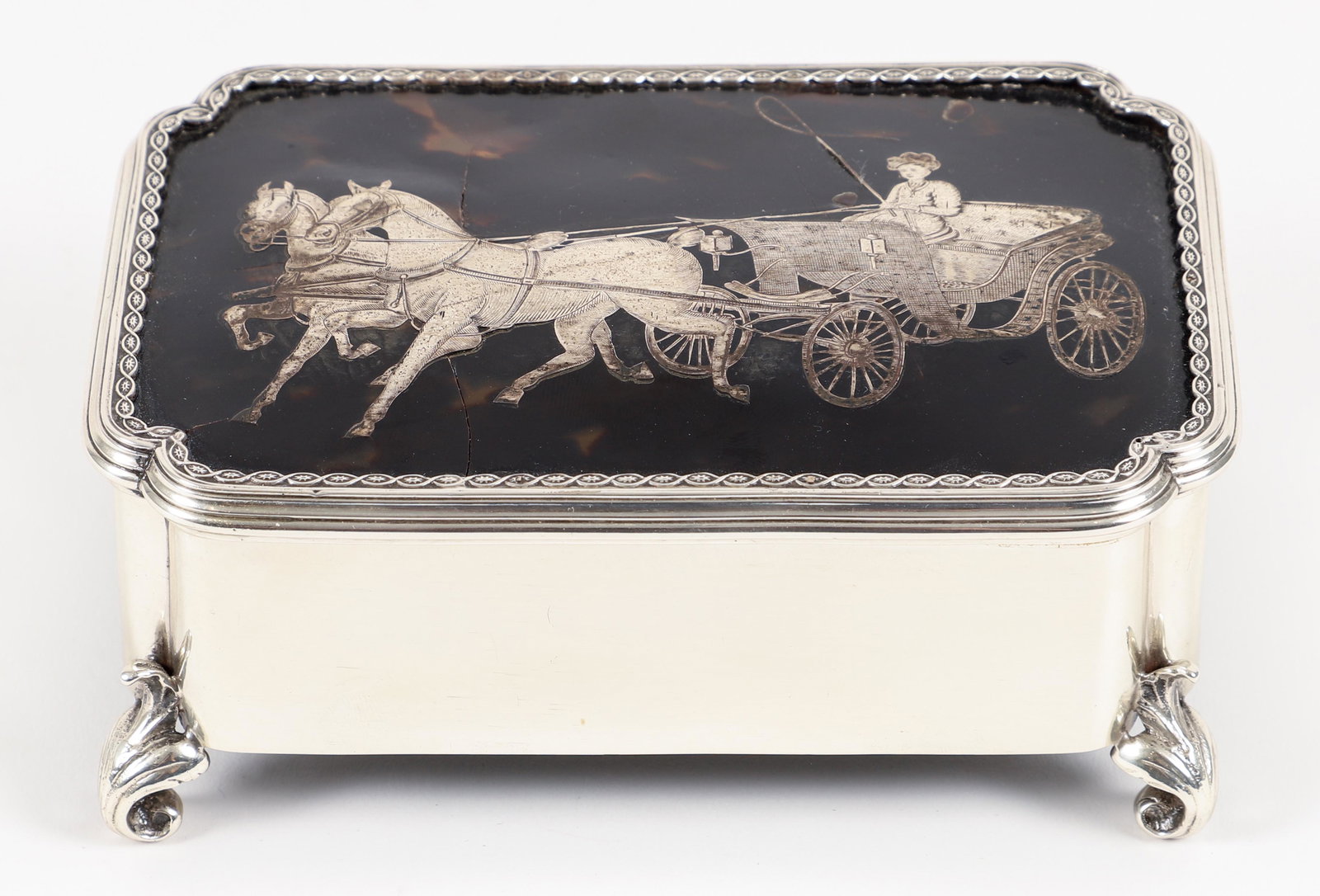 Silver inlay Box with Carriage in Two on Lid (1 of 6)