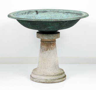 Bronze Bird Bath Basin with Marble Base: Bronze Birdbath or Basin copied from excavated artifacts discovered in the 18th Century from Pompeii, cast by Sabatino De Angelis in Naples in 1896 for Andrew Carnegie, Carnegie had extensive castings