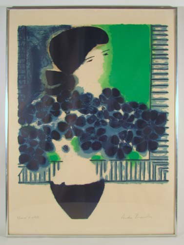 ANDRÉ BRASILIER orig litho Chantal aux Anémones: Artist: BRASILIER, ANDRÉ (French 1929 - 2004) Title: Chantal aux Anémones (Pichon #58) Date: 1971 Medium: lithograph printed in colors on Arches Dimensions: 25 1/2x20 1/2 inches, full margins. Ed