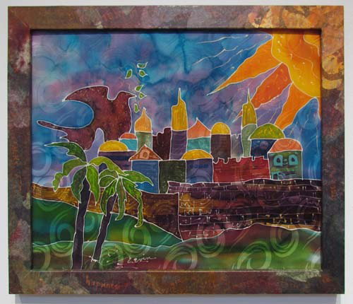 Gary Bukovnik Poster w/Zevin Batik Jerusalem: Artist: Bukovnik, Gary; Zevin Title: Art Song Festival; Jerusalem Date: 1994 Medium: poster; batiked fabric with artist's frame Dimensions: 44.5 x 21 inches (with frame)18.5 x 22.5 inches Signature