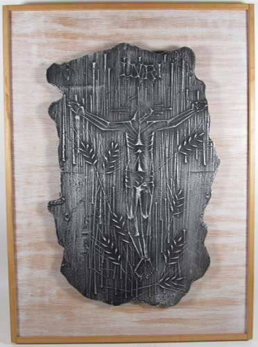 Virgil Cantini Crucifixion cast relief: Artist: Cantini, Virgil D.(American, 1919-2009) Title: Crucifixion Date: 1990 Medium: cast aluminum relief with tinted surface Dimensions: 17 x 11 inches Signature: stamped with signature and d
